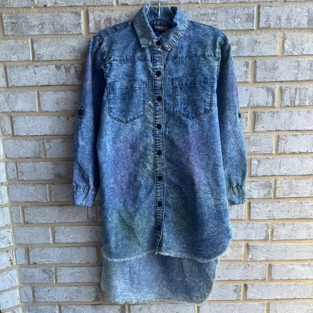 Thrill Jeans Long Sleeve Button Up Hi-Low Distressed Colored Spots Shirt Size L
